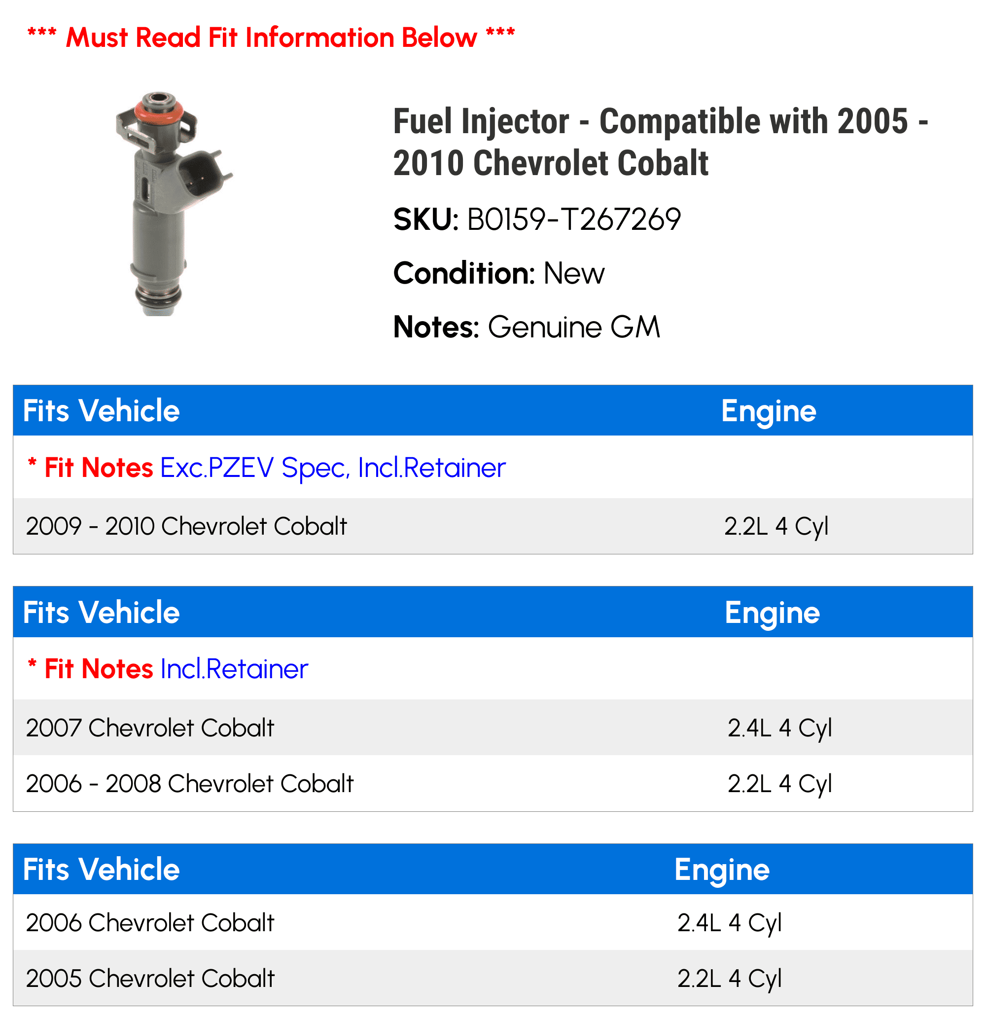 Fuel Injector - Compatible with 2005 - 2010 Chevy Cobalt 2006 2007 2008 2009