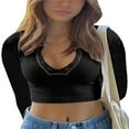 thumbnail image 3 of Women Short Top Shirt Long Sleeve Patchwork Ribbed Front Button V-Neck Cropped Tops Ladies Spring/Summer Slim Navel Shirt, 3 of 4