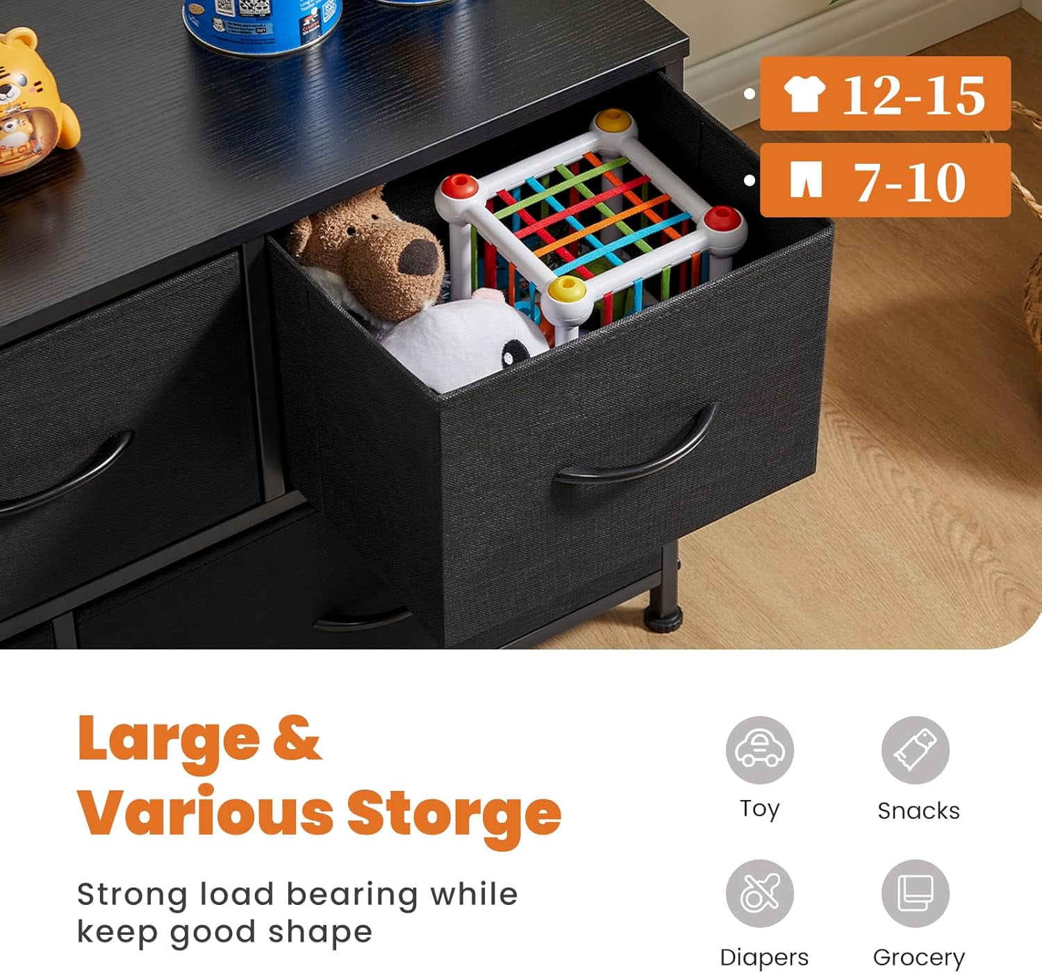 Bigleap TV Stand for Bedroom, TV Dresser for 45 inches, Media Console Table, Entertainment Center with 5 Fabric Drawers Cabinet and Open Storage Shelf Furniture Cabinet for Living Room, Black