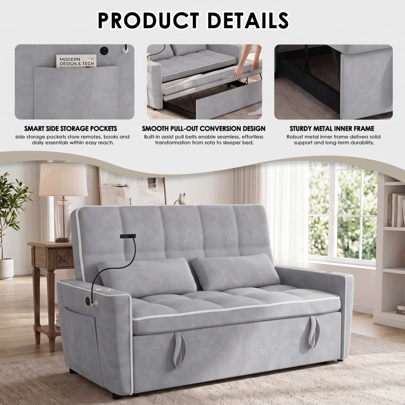 Anpport 54" 3‑in‑1 Convertible Sleeper Sofa Bed, Loveseat with White Trim, USB Charging Port, Phone Stand, 2 Cup Holders and 2 Pillows for Living Room, Bedroom and Apartment, Light Gray