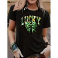 thumbnail image 1 of Camiseta gráfica "Lucky" del Día de San Patricio para mujer - Casual, manga corta negra con estampado de trébol verde y lazo, camisetas informales, 1 of 7