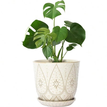 10 Inch Plant Pot Creamy White Ceramic Planter with Drainage Holes and Saucers for Plants Indoor and Outdoor Flower Pot