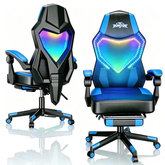 Mr IRONSTONE RGB Gaming Chair with Linkage Armrests, Breathable Mesh Ergonomic Office Chair with Footrest, 135 Degree Recliner, Black and Blue