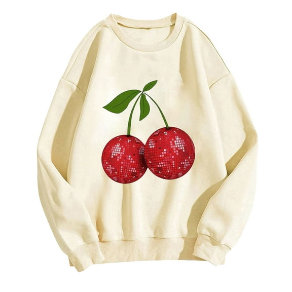 Women's Fashion Oversized Sweatshirts Cute Cherry Graphic Crewneck Pullover Long Sleeve Shirt Tops