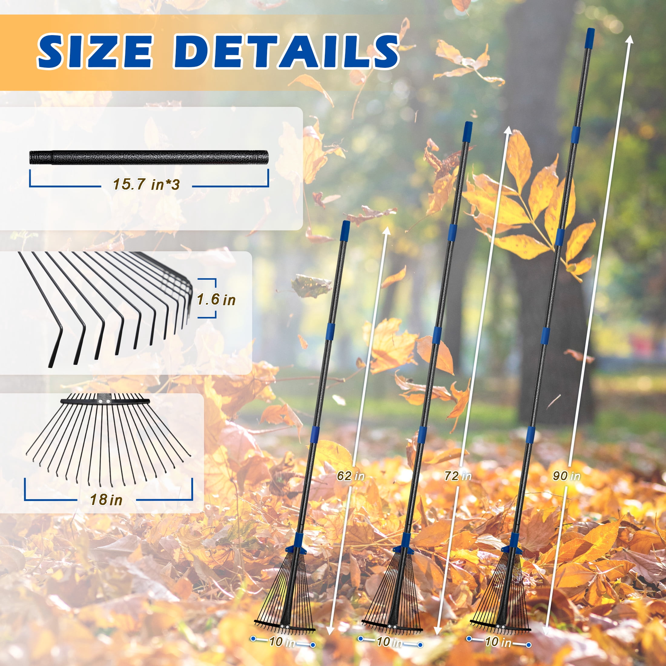 FENHRTVM Rake for Leaves,18 Teeth Adjustable Mental Garden Rake 75in Black Leaf Rakes for Lawns