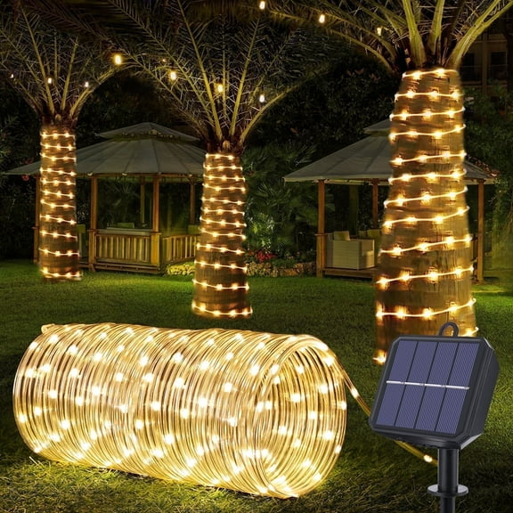 Solar Lights Outdoor Waterproof, 66ft 200 LED Solar Powered Rope Lights with 8 Modes for Garden Patio Backyard Tree Decor, Warm White