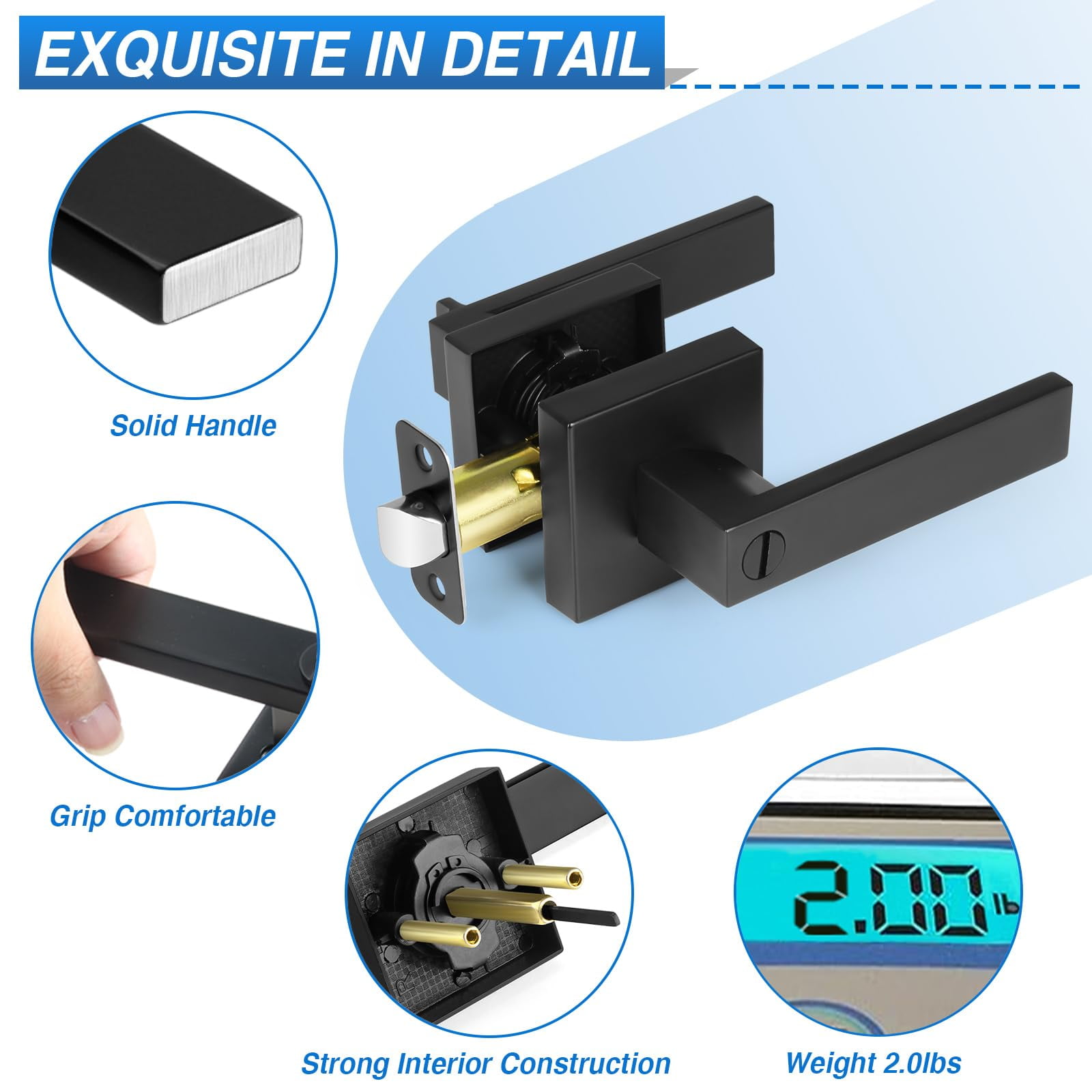 2 Pack Matte Black Door Handles, Aertyole Keyless Interior Door Knobs, Privacy Door Lever Locksets for Bedroom Bathroom, Heavy Duty Square Door Lock (2.0lb), Reversible for Left & Right Handled Doors