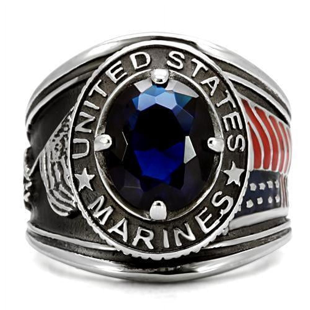 US Marines Ring for Men and Women Unisex Stainless Steel Military Patriotic Ring in Silver with Blue Stone Rock