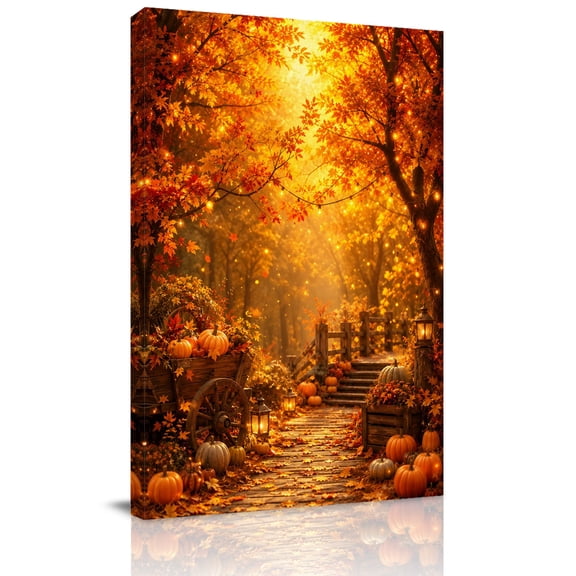 Canvas Wall Art, Fall Pumpkins Framed Canvas Prints for Bedroom Living Room, Farmhouse Country Maple Leaves Orange Large Gallery Wrapped Wall Decor for Home Office, Gifts, 18"x24" Ship Next Day