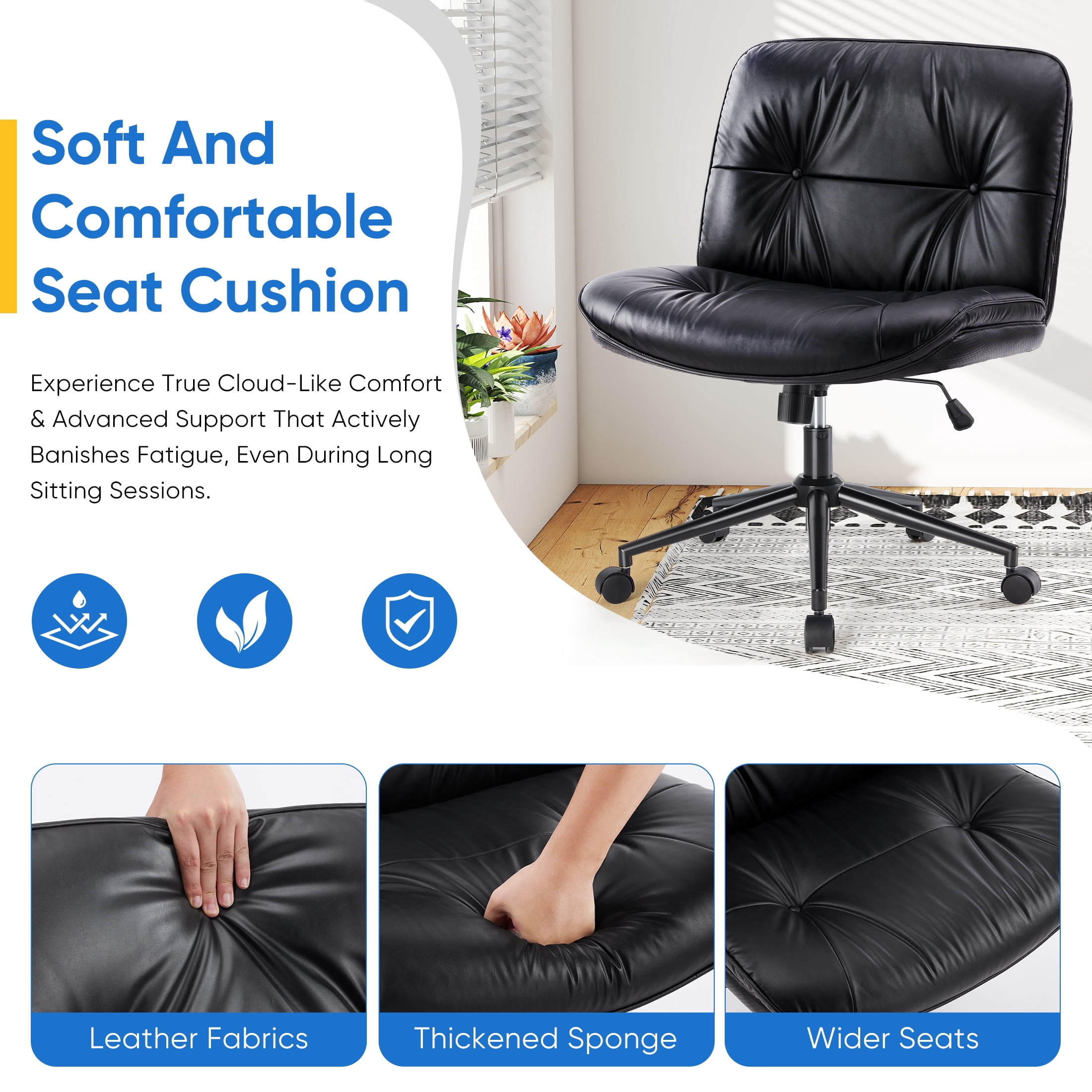 EDX Armless Office Chair with Wheels, Leather Upholstered Wide Seat Home Office Chair, 130° Rocking Mid Back Computer Chair, Perfect for Office, Bedroom, and Makeup, Black