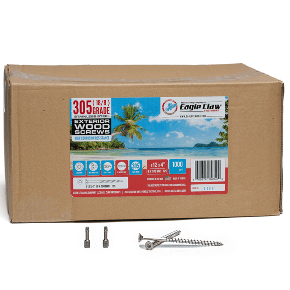 #12 x 4 Inch Stainless Steel Wood Screws 1000 Qty | T25 Star Torx Wood Screws | 305 Grade Stainless Steel Construction Screws | Long Lasting High Corrosion Resistance | 2 X Driver Bits Included