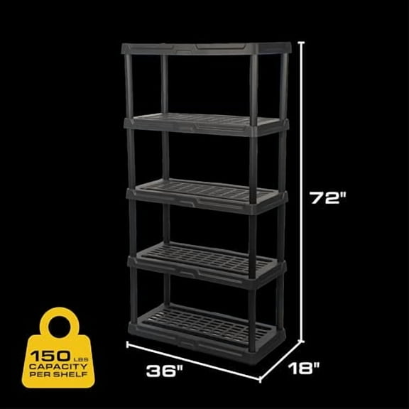 CX 5-Tier (72”H x 36”W x 18”D) Plastic Storage Shelving Unit (Black), Heavy Duty, 150lbs Per Shelf Capacity, Indoor/Outdoor Storage and Organization in Home, Garage, Office with Ea