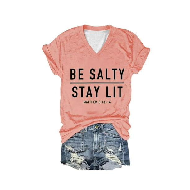 Camiseta informal de manga corta con estampado y cuello en V para mujer