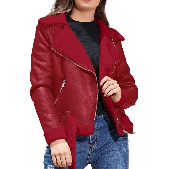 UJNDER Motorcycle Jacket for Women Winter Thick Warm Suede Lamb Short Coat Shearling Sheepskin Leather Red XXL