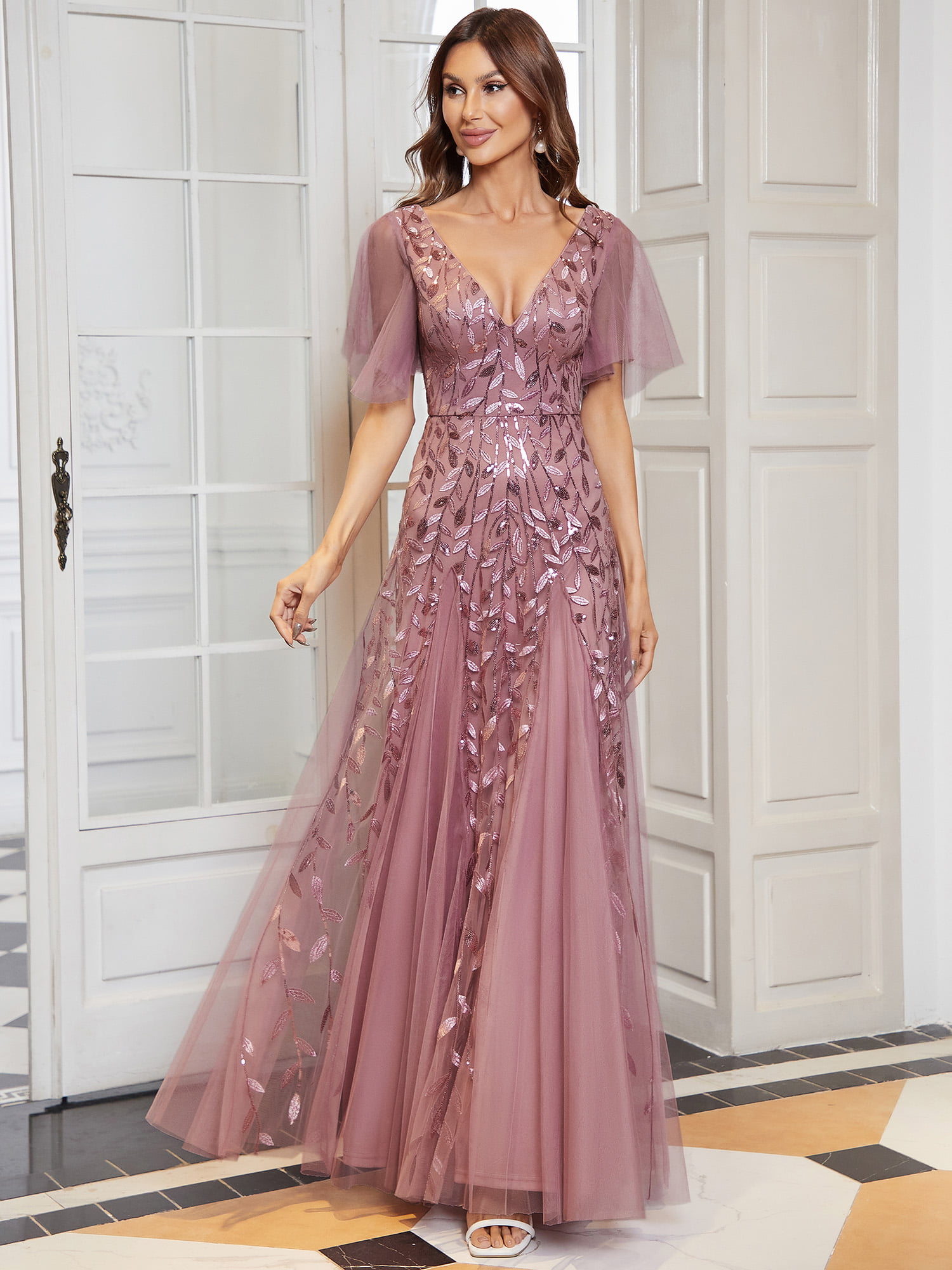Ever-Pretty Women V-Neck Embroidery Wedding Evening Prom Dresses Party Ball Gown 