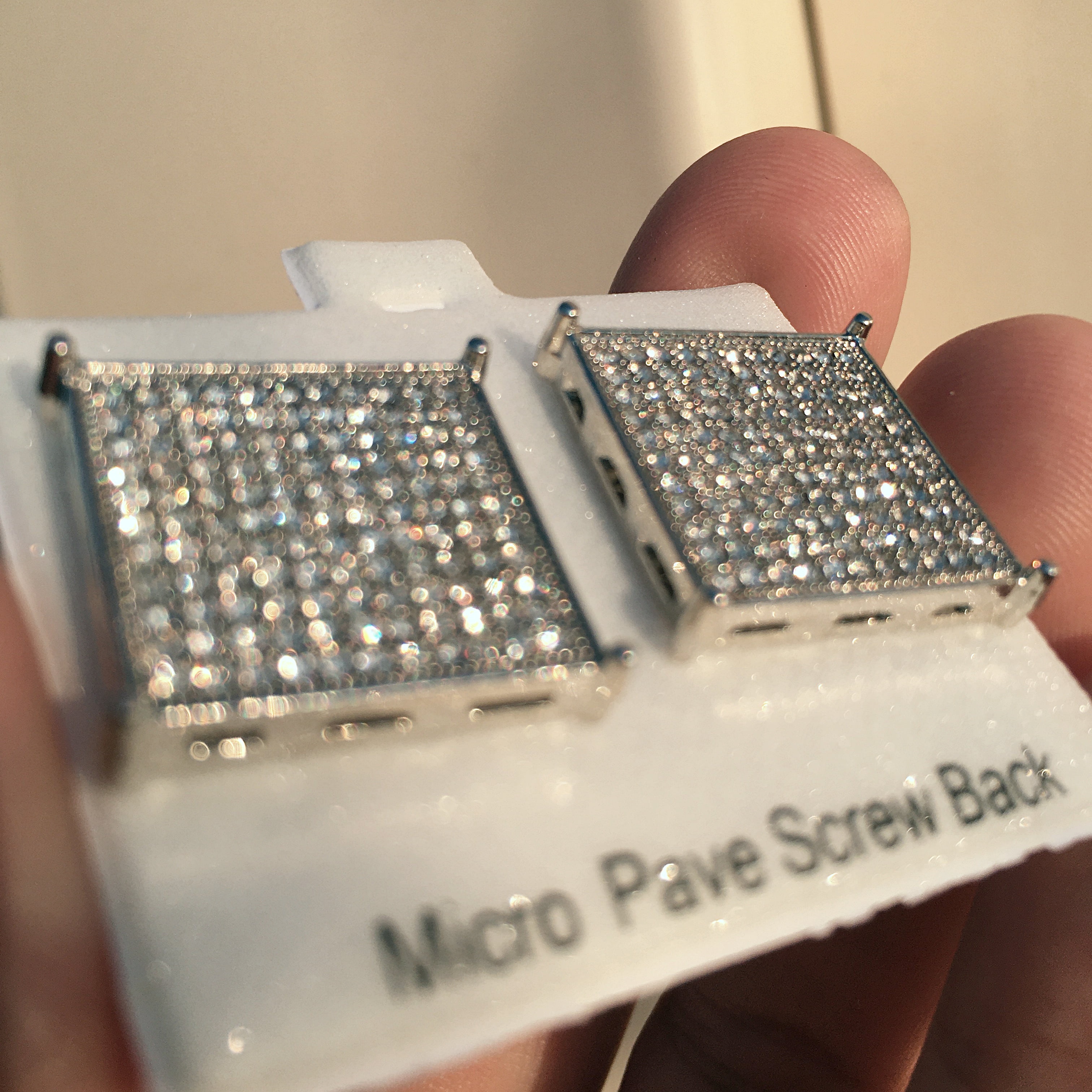 Big 20 mm Square Hip Hop Earrings Iced Silver Finish 4 Prong Screw Back  Micro Pave 11 Rows