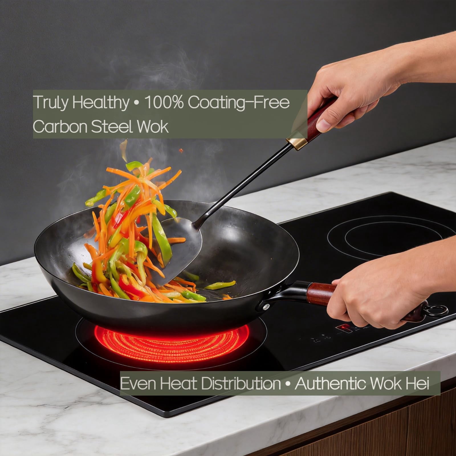 Nitrided Carbon Steel Wok  12" (30cm) Pre-seasoned - Induction Electric & Gas Stove Compatible Even Heat Base For Authentic Hei Family Stir-fry
