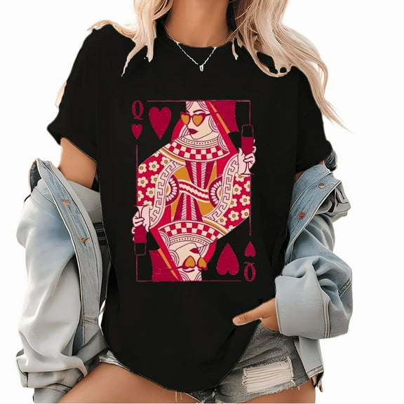 Retro Playing Card Graphic Tee - Queen of Hearts Valentine Tops, Women's Distressed Cotton T-Shirt