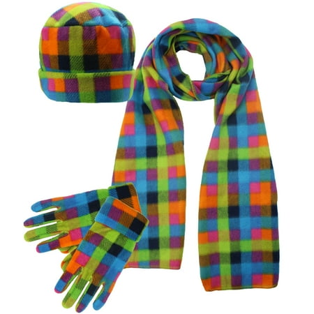 Hybrid Fleece Glove - Plaid Fleece 3 Piece Hat Scarf & Glove Set