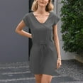 thumbnail image 4 of FAVIPT Dresses for Women Drawstring Elastic Waist Rompers Short Sleeve Vneck Plain Dress A-Line Fashion Summer 2025 Dress with Pockets Gray,S, 4 of 8