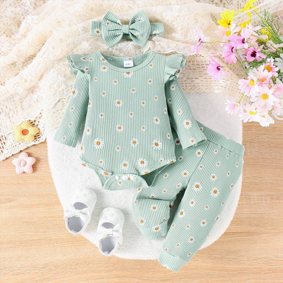 Farysays Baby Girl Clothes Outfits Cute Little Daisy Print Romper Flared Pants 3Pcs 0 3 6 9 12 18 Months