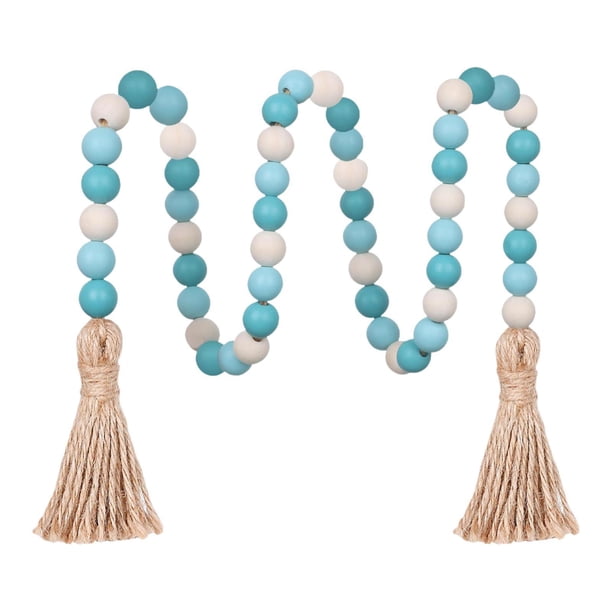 Cuentas bohemias de oración con borlas y cuentas de madera chic de 100 cm y detalles de cuerda de yute Azul