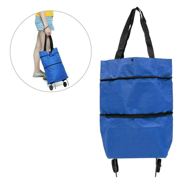 Foldable Shopping Bag with Wheels Collapsible Shopping Cart Shopping  Trolley Bag blue