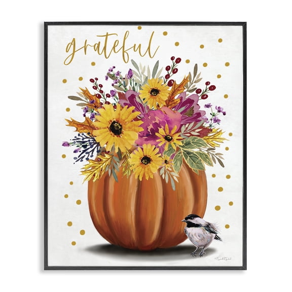 Stupell Industries Grateful Pumpkin Bouquet Quotes and Sayings Painting Black Framed Art Print Wall Art, 11 x 14