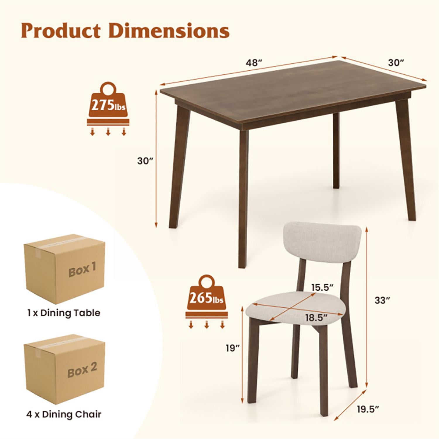 Demi Bonn 5-Piece Dining Table Set with 4 Chairs, 48" Kitchen Table with Rubber Wood Frame and Padded Set, Perfect for Small Space, Brown
