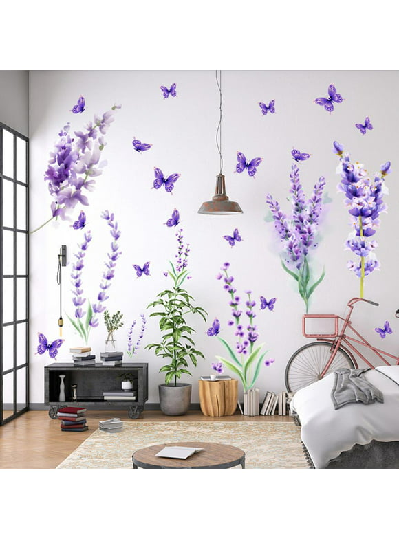 3D Flowers Wall Decals Purple Lavender Wall Stickers Flower Plant Butterfly Decoration DIY Removable Garden Lavender Floral Wall Art Decor for Kids Girls Bedroom Living Room Nursery Office