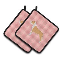 Carolines Treasures BB3654PTHD Staffordshire Bull Terrier Checkerboard Pink Pair of Pot Holders , 7.5HX7.5W, multicolor