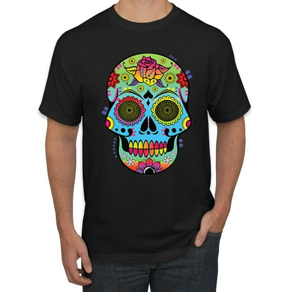 Wild Bobby, Colorful Floral Sugar Skull Streetwear Men's Graphic T-Shirt, Black, Small