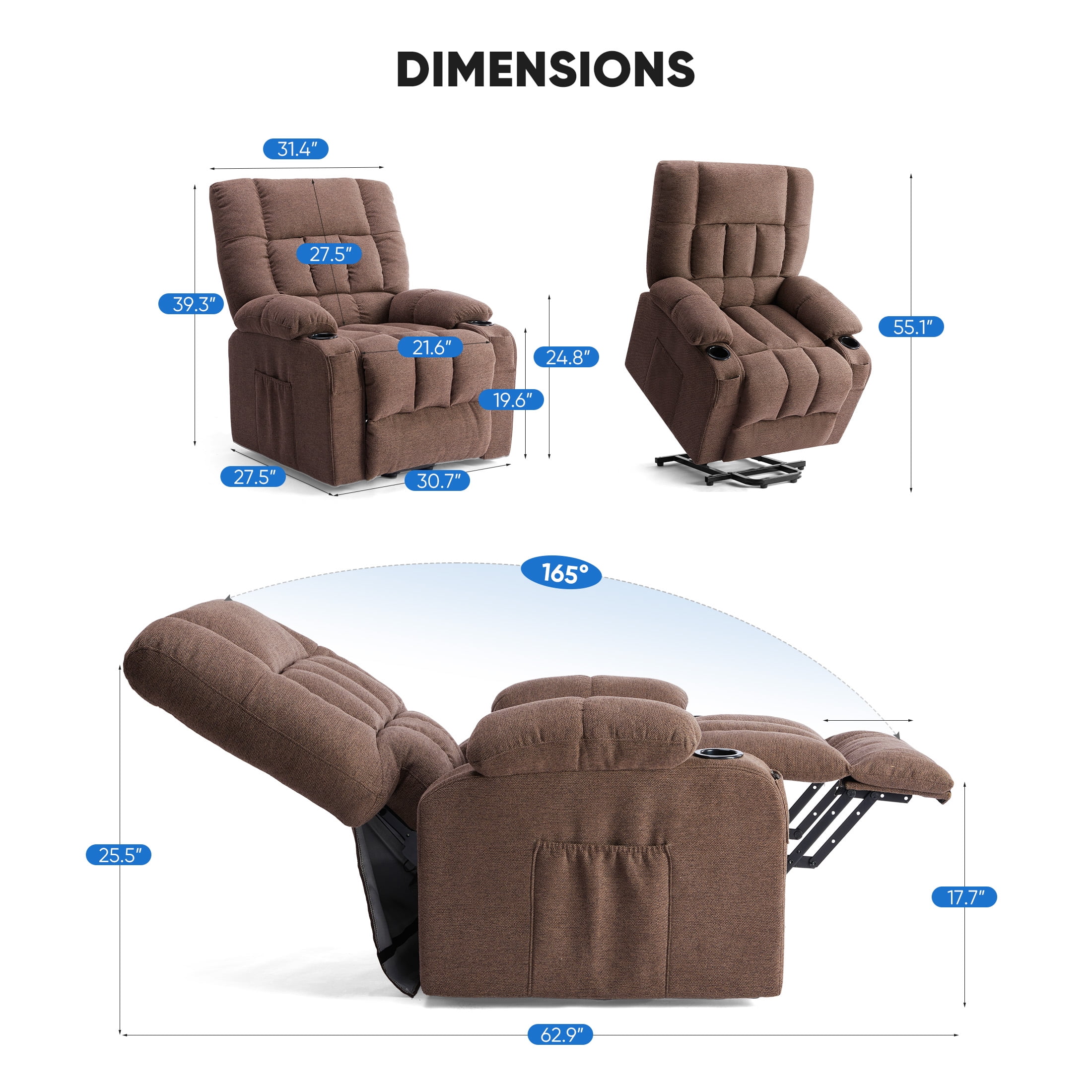 CONCETTA Power Lift Chair, Adult Recliner with Massage and Heating, Brown