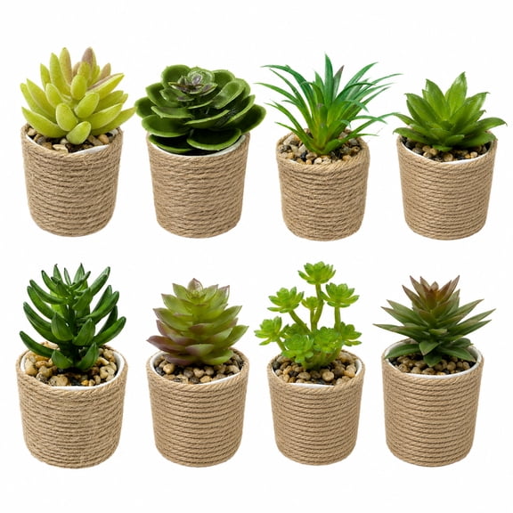 8 Pcs Mixed Artificial Succulents, 3.0-3.5 in Tall Fake Potted Plants with Twine Wrapped Pots & Pebbles, Mini Faux Plants for Home Office Desk Bookshelf Decor