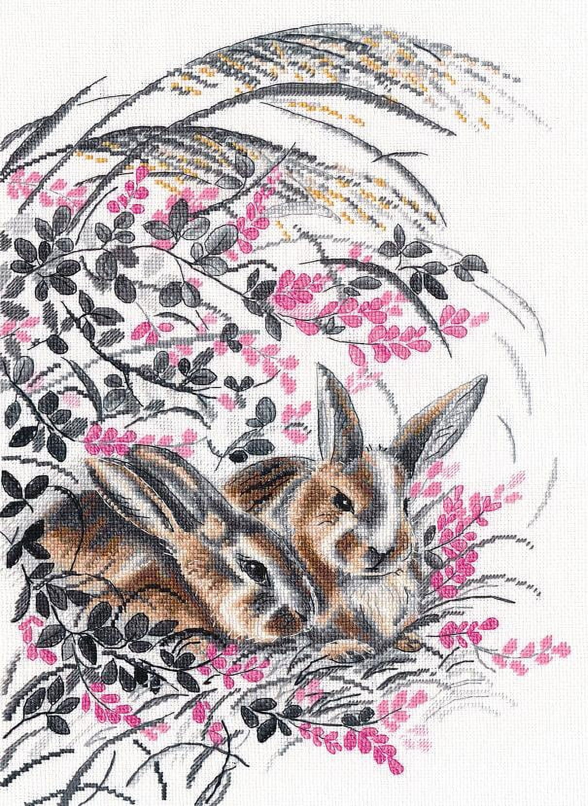 Counted Cross Stitch Kit Rabbit 1428 Needlework Flowers Nature By Oven Pink Animals Gray