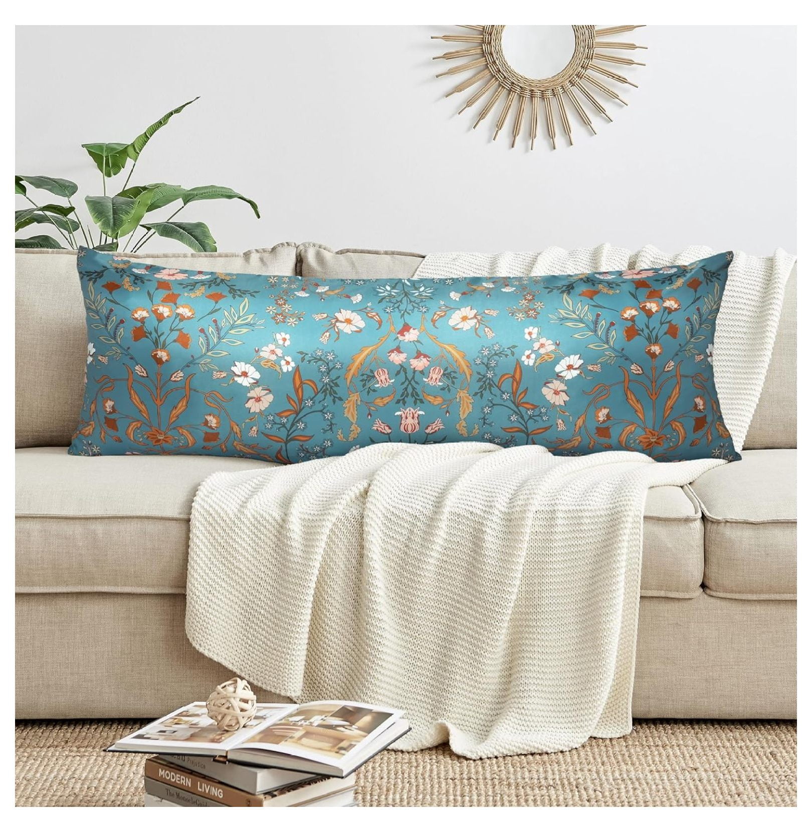 Boho Wildflower Vintage Floral Girl Body Pillow Cover Case Decorative Accent Long Couch Kids Bed Pregnancy Pillowcase 54x20 Turquoise Botanical Bohemian Farmhouse Cottagecore