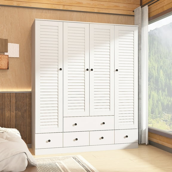 KULAGAGA Large Wardrobe Armoire with Multi-Tier Shelves, 5 Drawers, Hanging Rod & 4 Louver Doors, Wooden Closet Storage Cabinet for Bedroom, White