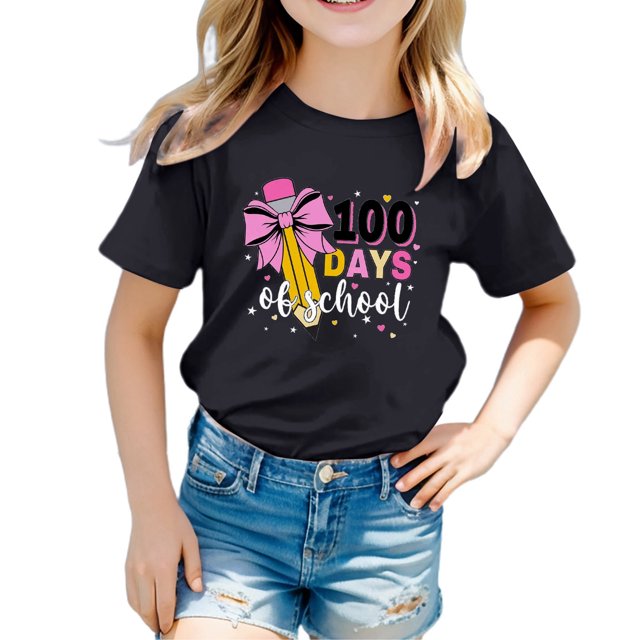 TZEWGL Tees For Girl Boy Solid Color Letter Printed Round Neck Short Sleeved Blouse For Toddlers size 5-6T