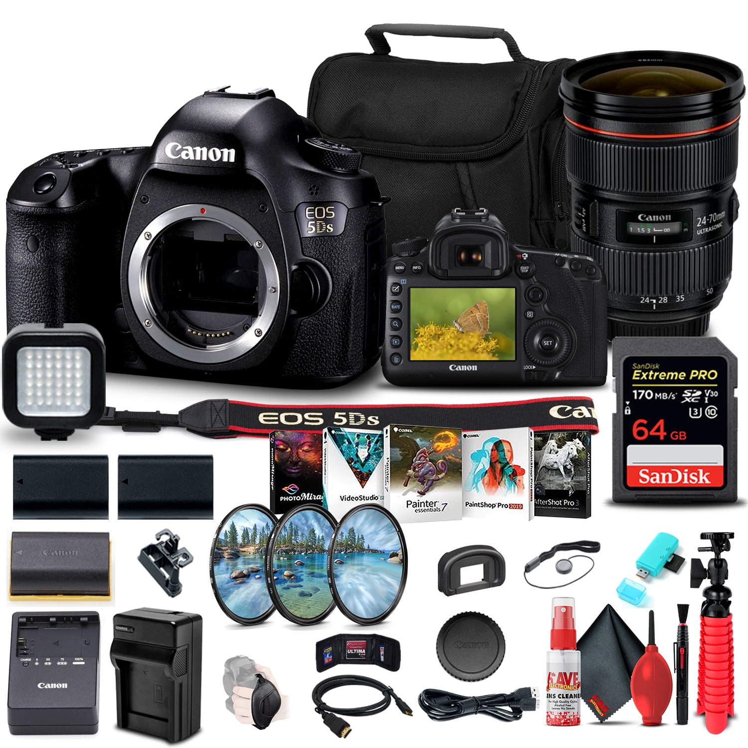 Canon EOS 5DS DSLR Camera Body Only 0581C002 Canon EF 24-70mm F2.8L II USM Lens 5175B002 64GB Memory Card Filter Kit 2 x LPE6 Battery External Charger Card Reader International Model