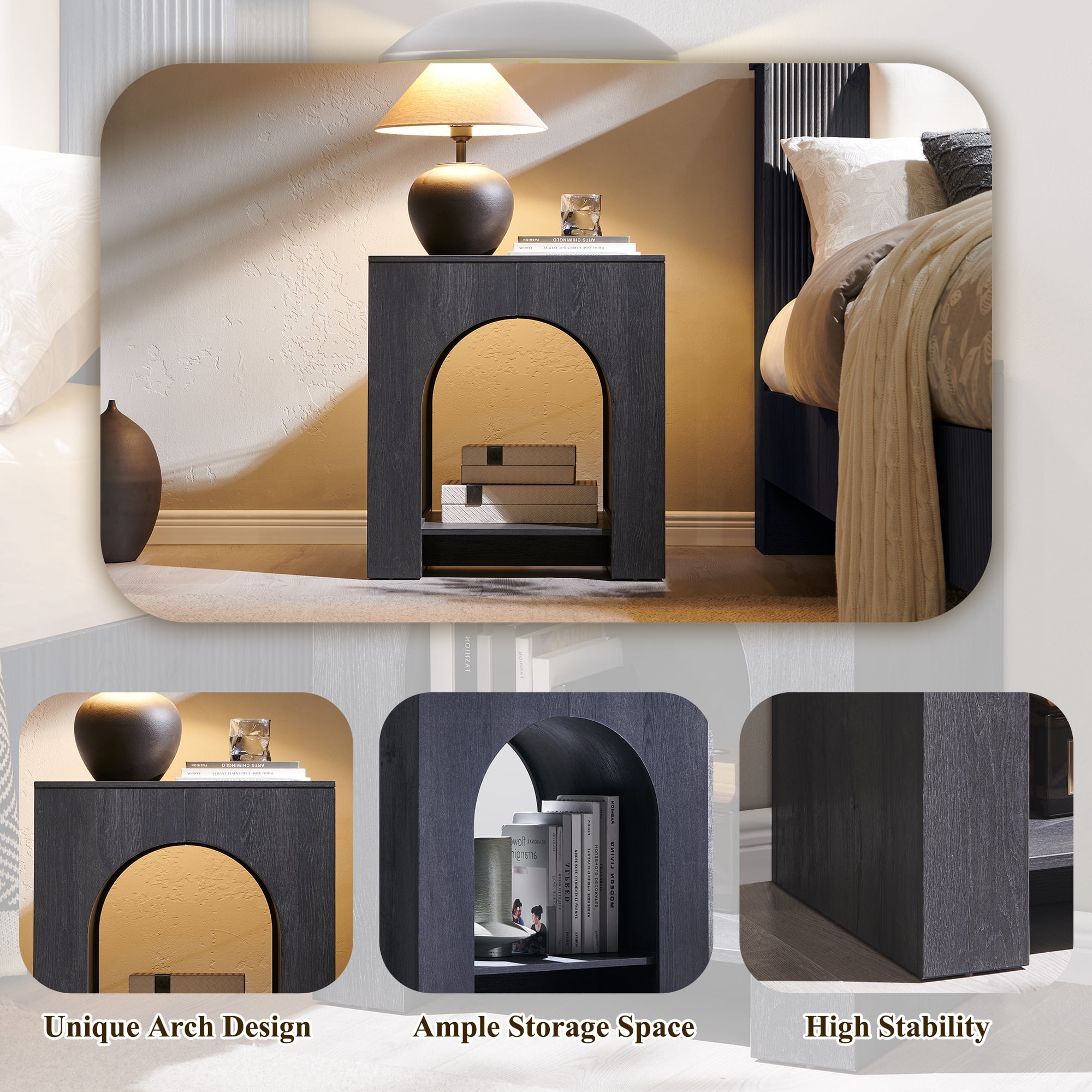 SinCiDo Modern Arched Nightstand with Charging Station, Bedside Table with Open Shelf Storage for Bedroom, Living Room