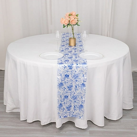 BalsaCircle White 12x108 in Satin Table Runner Blue Floral Design Party Events Reception Decorations Supplies