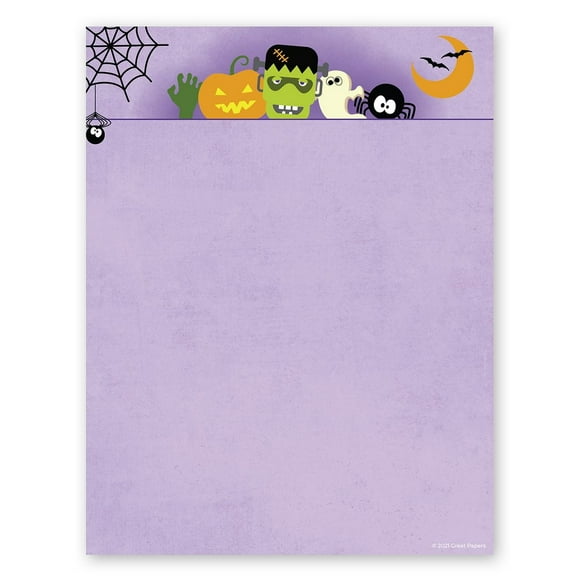 Classic Halloween Icons Party Letterhead / 50 Sheets 8.5" x 11" Spooky Pumpkin Ghost Bat Monster Design / Scary Purple Paper