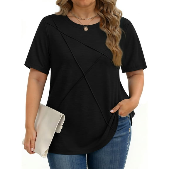 Fantaslook Women Plus Size Tops Pleated Crewneck Short Sleeve Shirts Casual Summer Tops
