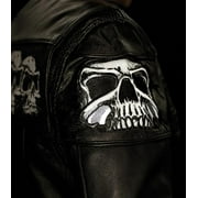 First Mfg Co - Savage Skulls - Mens Motorcycle Biker Riding Black Leather Jacket - Large - Reflective skull design on chest, shoulders, and upper back