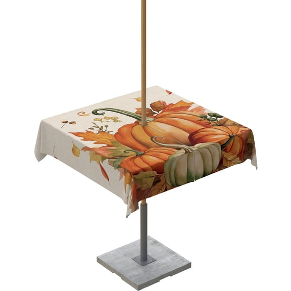 Fsddascl Thanksgiving Fall Outdoor Tablecloth - 54x54 Inch Square Dining Table Cover, Pumpkin Harvest Orange Maple Leaf Rustic Waterproof Outdoor Table Cloth with Umbrella Hole & Zipper for Patio