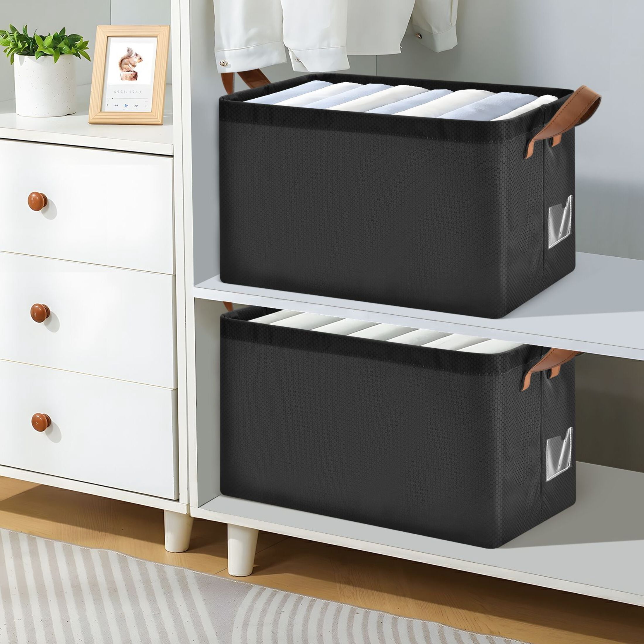 Ryvnso Black Storage Bins Large Basket Foldable Cube Toys Organizer with Handles 2 PCs