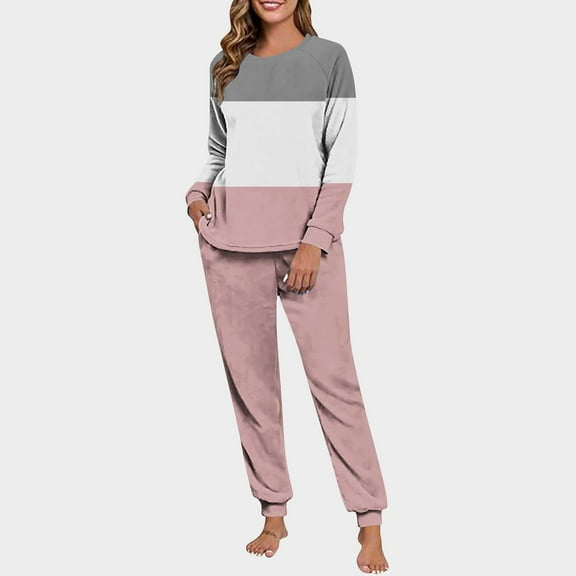 Mifsaly Womens Long Sleeve Pajama Sets Fleece Color Block Lounge 2 Piece Pjs Baggy Crewneck Warm Sleepwear Loose Nightwear Elastic Waist Cozy Pants with Pockets Winter Thermal Homewear