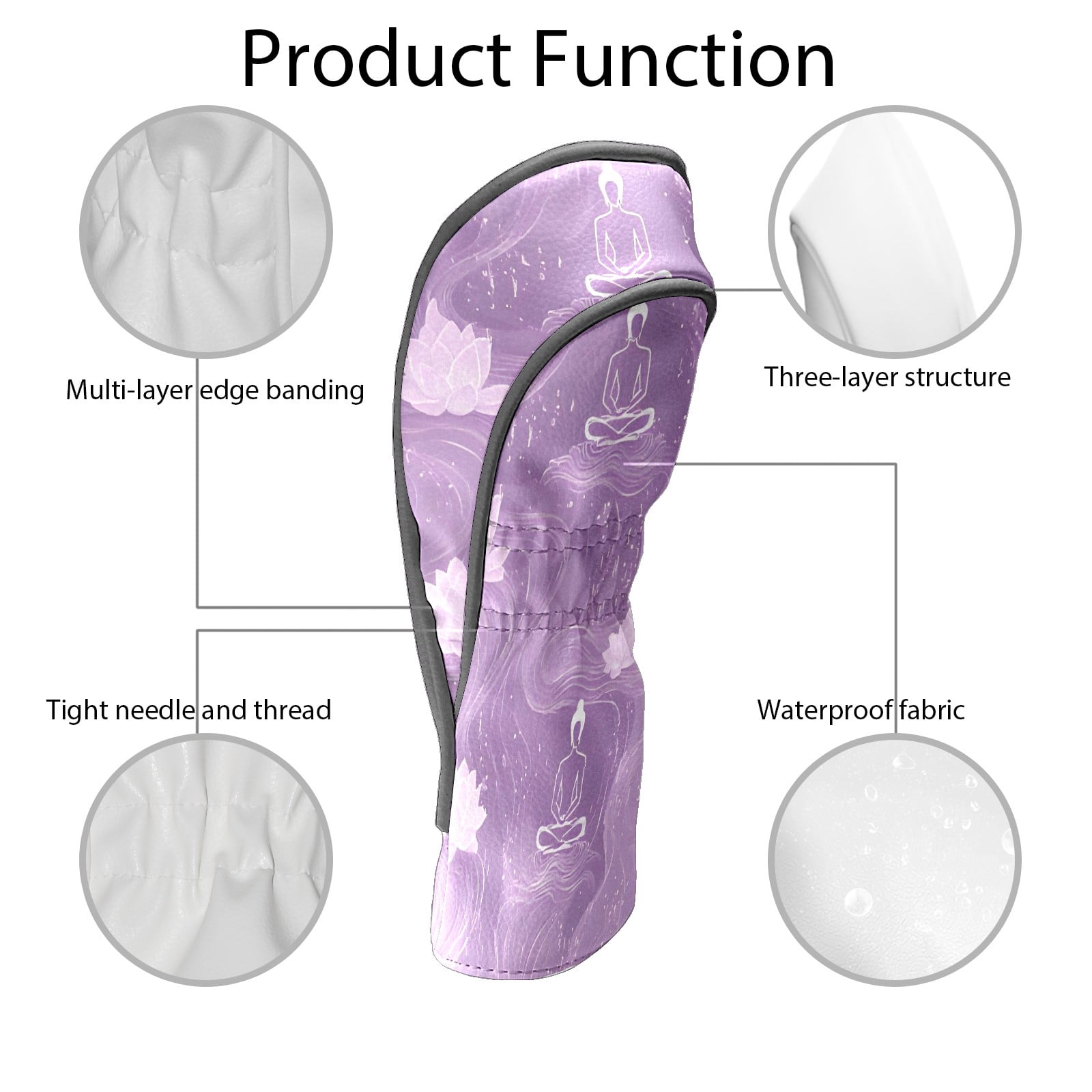 Golf Club Covers, Purple LotusBuddha Premium PU Leather Driver Hybrid Putter Head Covers with Velvet Lining, Waterproof Golf Gifts for Men Women