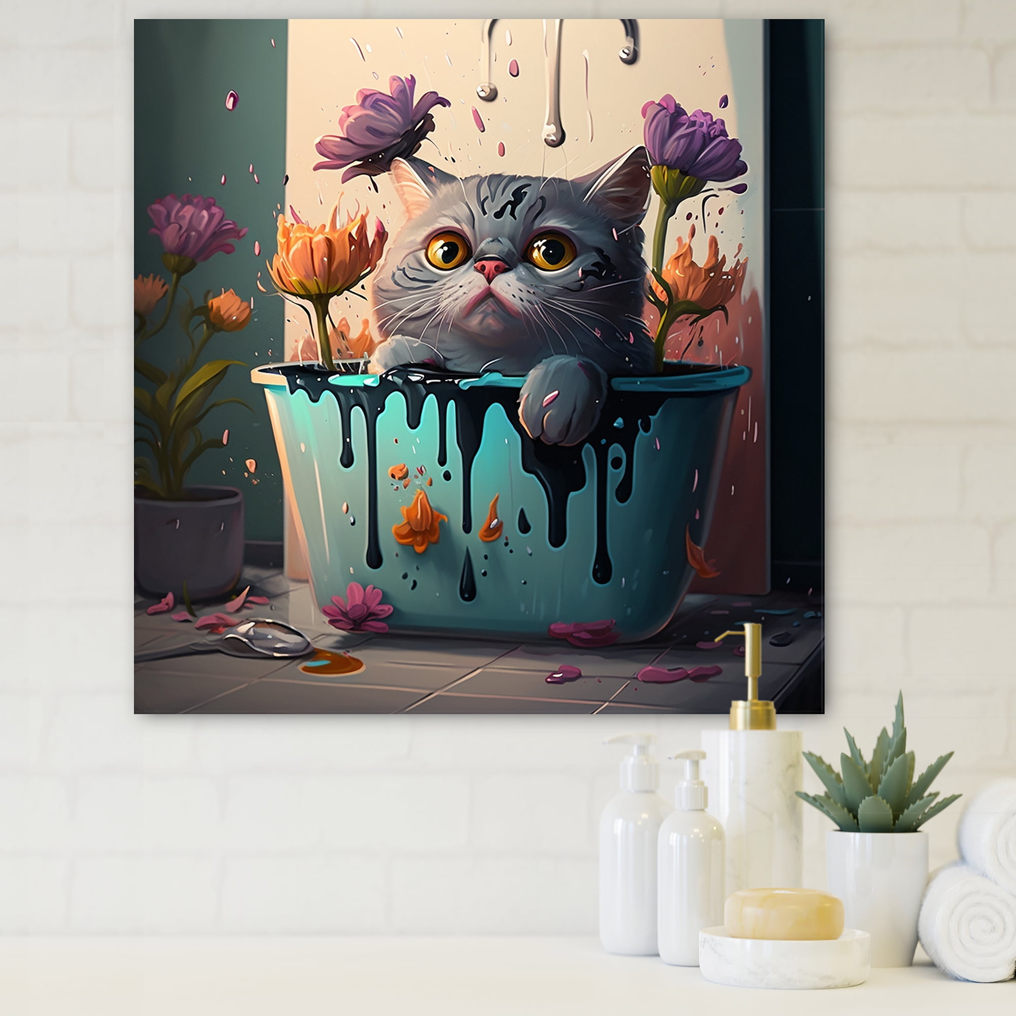 Designart Funny Cat Caricature In The Tub With Flowers I Canvas Wall Art