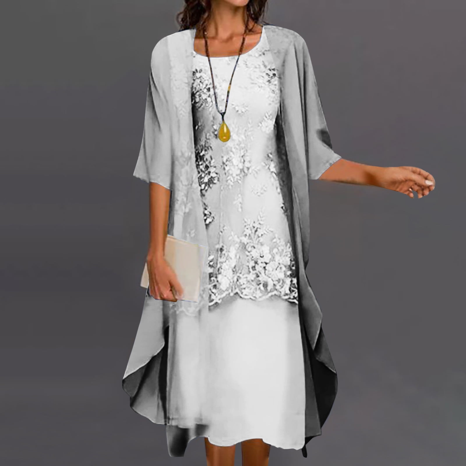 Dezsed Dresses for Women Wedding Guest Elegant Party Dress Floral Print Plus Size Crewneck Flowy Dress 2 Piece Clothing Set X-Gray XXXL